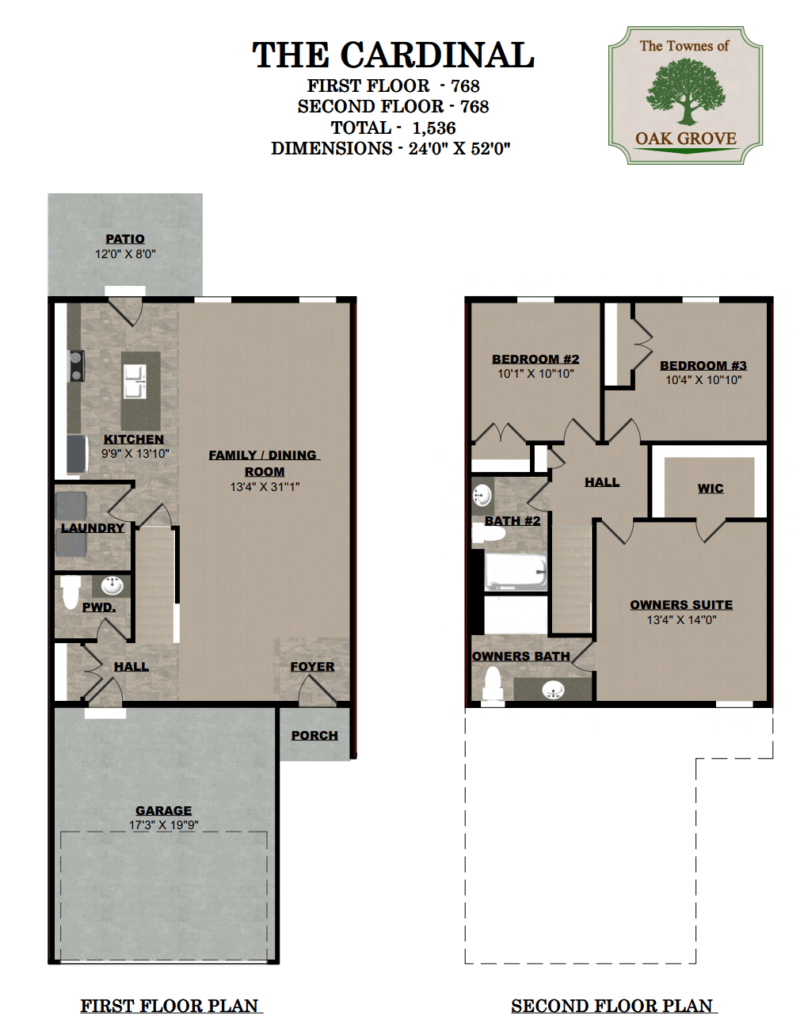Cardinal floor plan – two-story townhome at The Townes of Oak Grove by Yingst Building Group