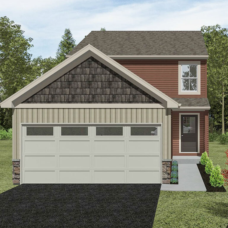 Exterior rendering of the Cardinal two-story townhome at The Townes of Oak Grove, showcasing stylish design and curb appeal in Mechanicsburg, PA.
