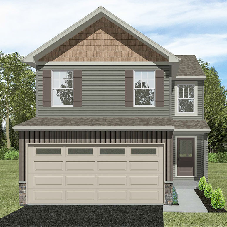 Exterior rendering of the Dove two-story townhome at The Townes of Oak Grove, showcasing elegant design and curb appeal in Mechanicsburg, PA.