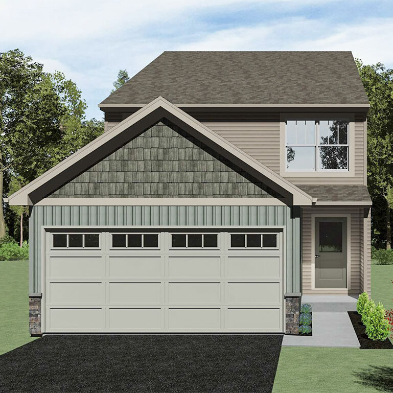 Exterior rendering of the Falcon two-story townhome at The Townes of Oak Grove, showcasing contemporary design and curb appeal in Mechanicsburg, PA.