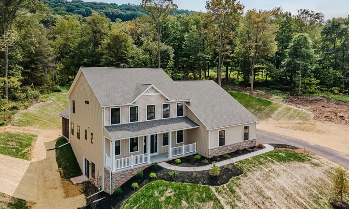 Aerial view of a beautifully designed home exterior in Rockville Estates by Yingst Building Group in Marysville, Pennsylvania