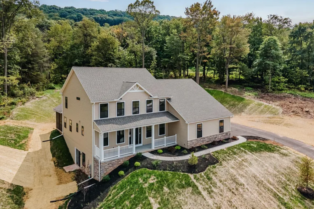 Aerial view of a beautifully designed home exterior in Rockville Estates by Yingst Building Group in Marysville, Pennsylvania