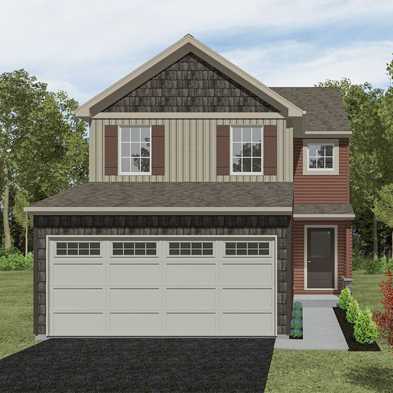 Exterior rendering of the Raven two-story townhome at The Townes of Oak Grove, featuring contemporary design and appealing curb appeal in Mechanicsburg, PA.