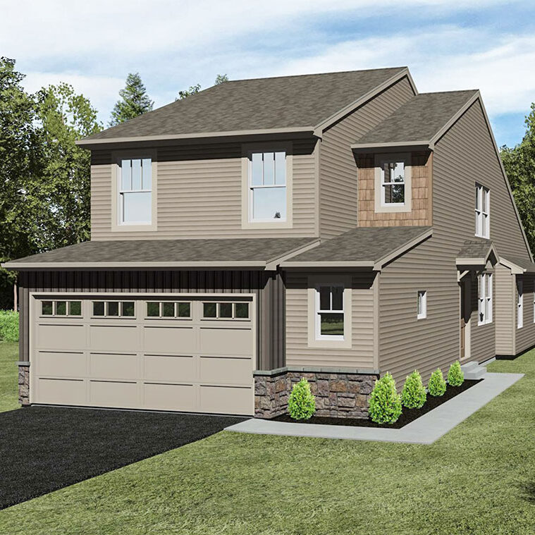 Exterior rendering of the Starling two-story townhome at The Townes of Oak Grove, featuring modern architecture and curb appeal in Mechanicsburg, PA.